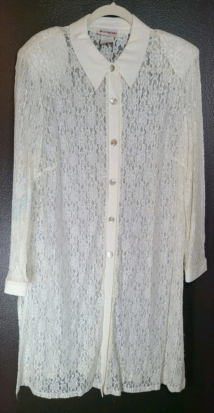 Vintage White Sheer Lace Duster Collar Buttons Side Slit Boho Western 16W USA